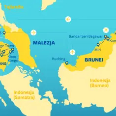 Mapa pokazuje, gdzie leży Malezja, z zaznaczonymi miastami jak Penang, Kuching, Kota Kinabalu, oraz sąsiednimi Tajlandią, Brunei i Indonezją.