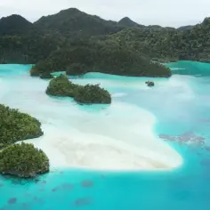 Rajskie krajobrazy Raja Ampat: turkusowa woda, białe plaże i bujna zieleń tropikalnych wysp.