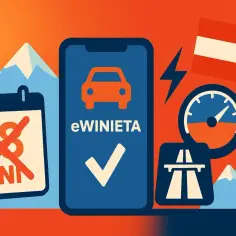 Planujesz podróż do Austrii? Sprawdź, gdzie kupić e-winieta, by uniknąć problemów. Ikony symbolizują łatwość zakupu i podróżowania.