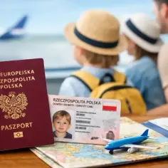 Paszport i dowód tożsamości strefy eog na tle rodziny czekającej na lotnisku.