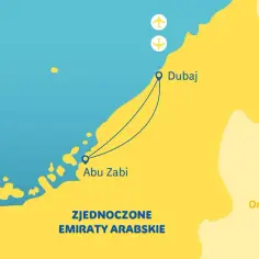 Mapa Zjednoczonych Emiratów Arabskich pokazuje, gdzie jest Dubaj. Widać połączenie lotnicze z Abu Zabi do Dubaju.