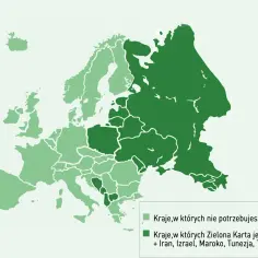 Mapa Europy i części Azji. Jasnozielone kraje nie wymagają Zielonej Karty, ciemnozielone (np. Rosja, Turcja) tak.