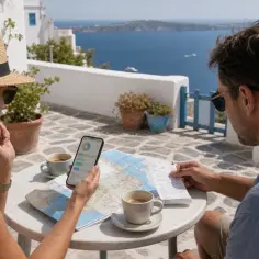 Para planować tanie wakacje w Grecji, para przegląda mapę i telefon z widokiem na morze.