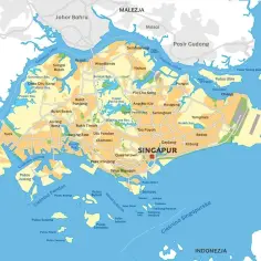 Mapa pokazuje, gdzie leży Singapur, jako wyspa na południe od Malezji, otoczona Cieśniną Johor i Cieśniną Singapurską.