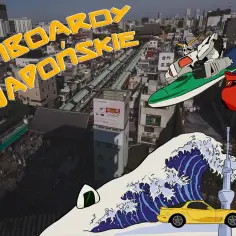 Kolorowe wyspy Japonii: robot Gundam, góra Fudżi, czerwony samochód, żółty sportowy pojazd, fala i sushi.