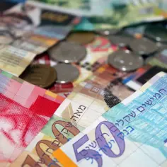 Stos monet i banknotów, w tym waluta izraela, szekle, tworzy kolorowy wzór.