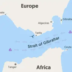 Mapa pokazuje Cieśninę Gibraltarską, oddzielającą Europę od Afryki. Tutaj leży Maroko, z miastami Tanger i Ceuta.