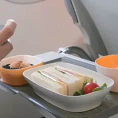Na tacy w samolocie Ryanair leżą kanapki, deser i napój. Pasażer korzysta z telefonu, zastanawiając się, czy można wziąć jedzenie do samolotu Ryanair.