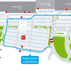 Schemat parkingu lotnisko w Katowicach. Widać terminale A, B, C, parkingi P1 i PP, automaty płatnicze oraz drogę wyjazdową.