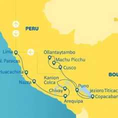 Mapa Peru z zaznaczonymi miejscami: Lima, Nazca, Arequipa, Puno, Jezioro Titicaca i gdzie jest Machu Picchu, blisko Cusco.