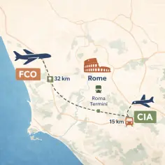 Mapa pokazuje lotniska Włoch: FCO (32 km od Rzymu) i CIA (15 km od Rzymu).