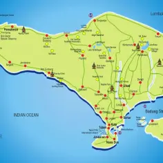 Mapa Bali z zaznaczonymi atrakcjami, idealna na wakacje na Bali. Zobacz plaże, świątynie i wulkany.