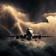 Samolot leci przez burzę z piorunami, doświadczając silnych turbulencji.