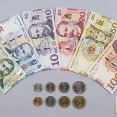 Gruzińska waluta – lari (GEL) i tetri. Banknoty o nominałach 1, 5, 10, 20, 50, 100 GEL oraz monety.