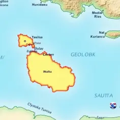 Mapa pokazuje, gdzie leży Malta, między Tunezją a Włochami, z zaznaczonymi miastami jak INalta i Tasiisa.
