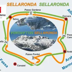 Trasa Sellaronda w Val di Fassa. Mapa pokazuje zielone i pomarańczowe trasy narciarskie wokół masywu Sella, łączące Selva, Corvara, Arabba i Canazei.