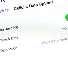 Ustawienia telefonu: opcje danych komórkowych, w tym roaming danych. Włączony przełącznik 5G Auto.