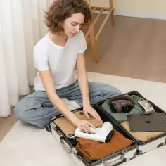 Kobieta pakuje walizkę podręczną, w której widać laptopa, słuchawki i aparat.