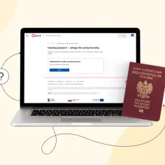 Wniosek o paszport online na gov.pl. Obok laptopa leży paszport.