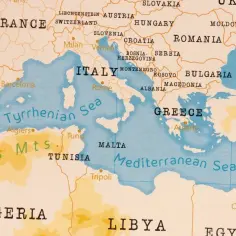 Mapa Morza Śródziemnego. Widać Włochy, Grecję, Turcję, Libię i Algierię. Gdzie leży Egipt? Na mapie zaznaczono Kair, stolicę Egiptu, na południowy wschód od Libii.