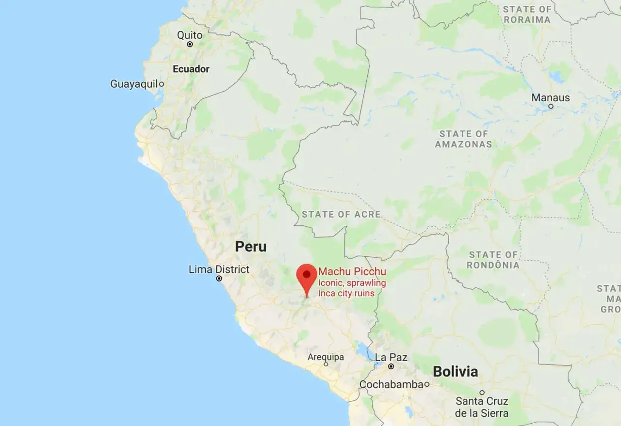 Mapa pokazuje, gdzie jest Machu Picchu, ikoniczne ruiny Inków w Peru, niedaleko Cusco.
