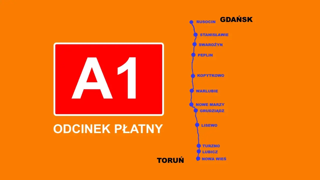 Mapa odcinka płatnego autostrady A1 Toruń - Gdańsk z zaznaczonymi miejscowościami.