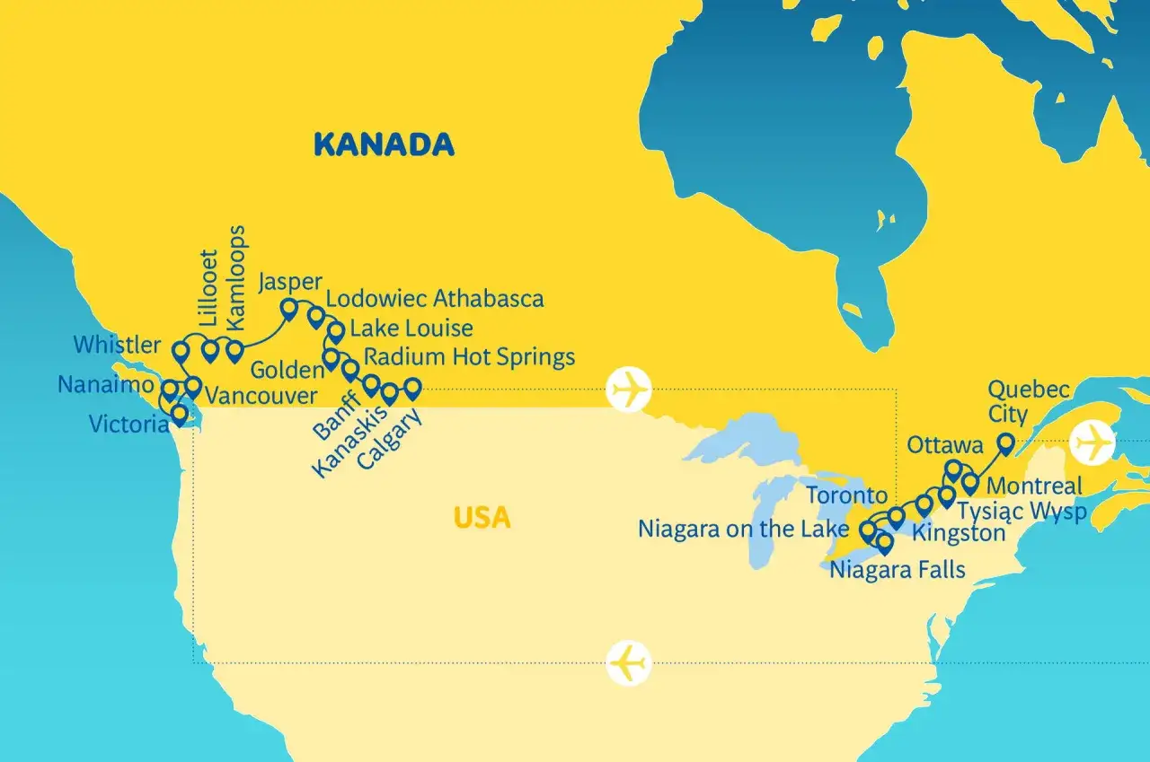 Mapa turystyczna Kanady z zaznaczonymi miastami: Vancouver, Calgary, Toronto, Montreal, Ottawa.