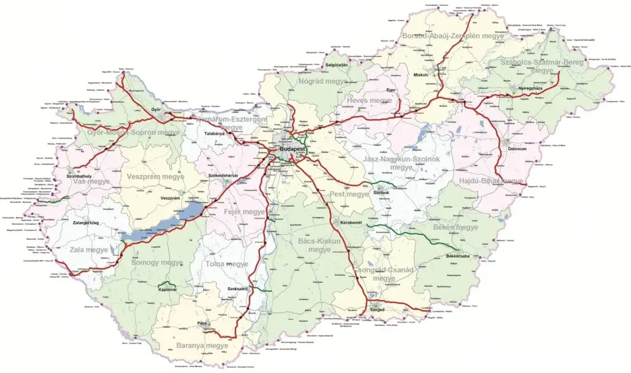 Mapa Węgier z zaznaczonymi drogami i miastami. Winieta węgry pokazuje sieć kolejową łączącą główne ośrodki, w tym Budapeszt.