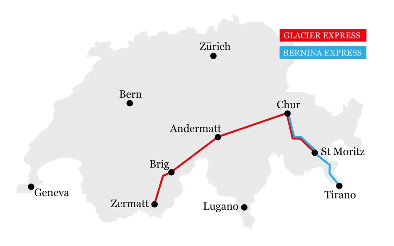Mapa Szwajcarii z trasami Glacier Express i Bernina Express. Sprawdź, jaka jest bernina express cena i zaplanuj podróż!