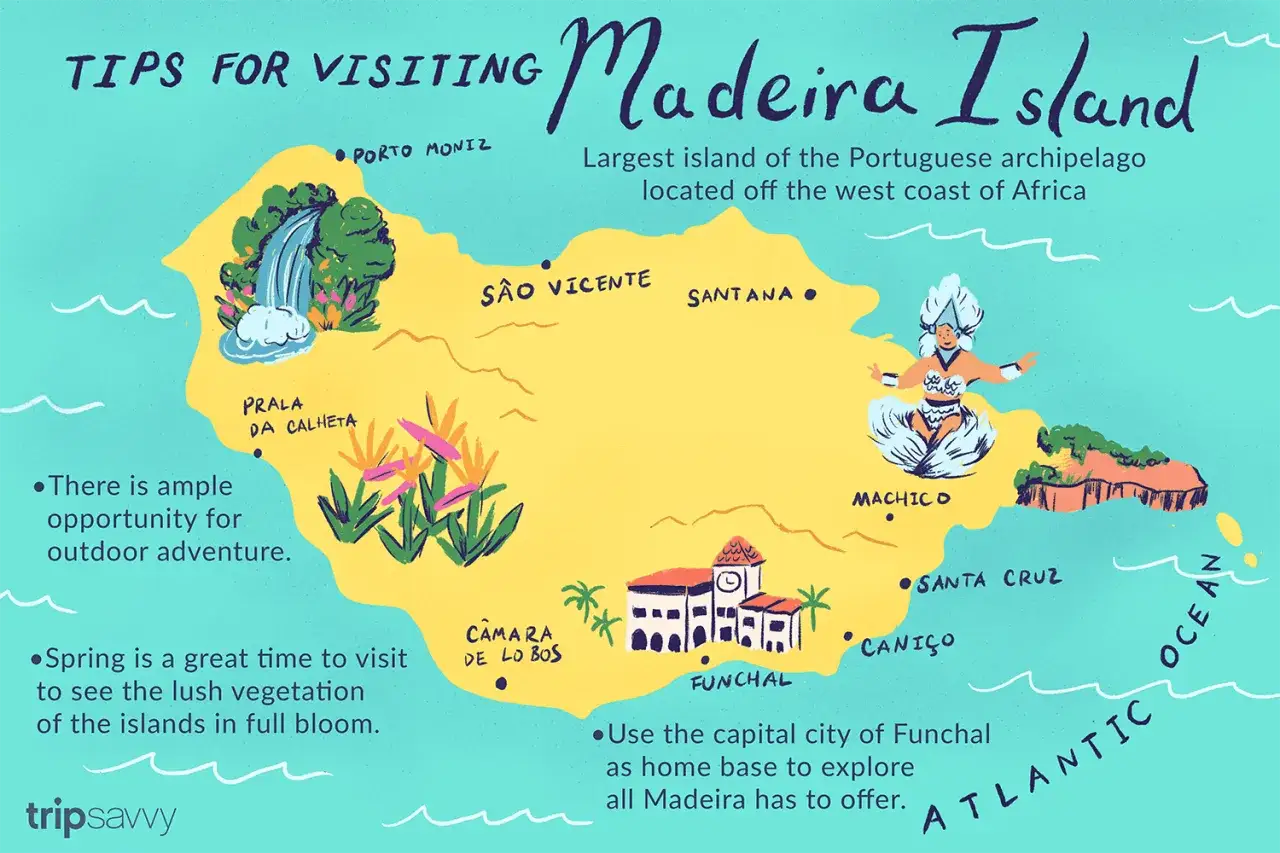 Mapa Madery, największej wyspy archipelagu portugalskiego, z zaznaczonymi atrakcjami i wskazówkami podróży.