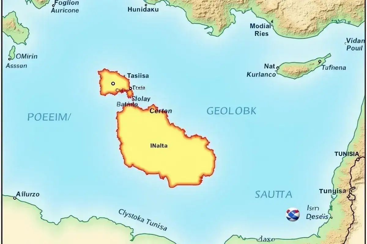 Mapa pokazuje, gdzie leży Malta, między Włochami a Tunezją, w otoczeniu Morza Śródziemnego.