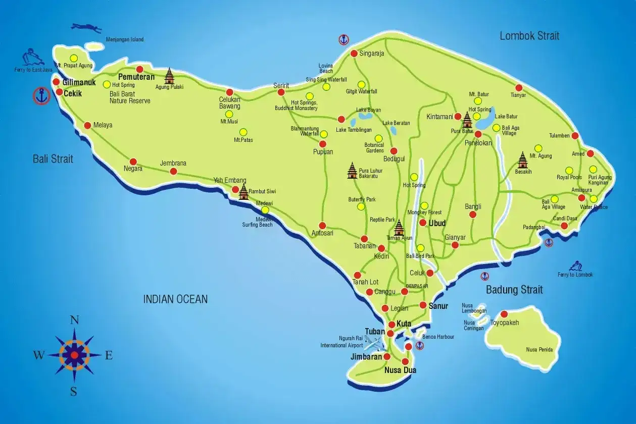 Mapa Bali z zaznaczonymi atrakcjami, idealna na wakacje na Bali. Zobacz plaże, świątynie i wulkany.