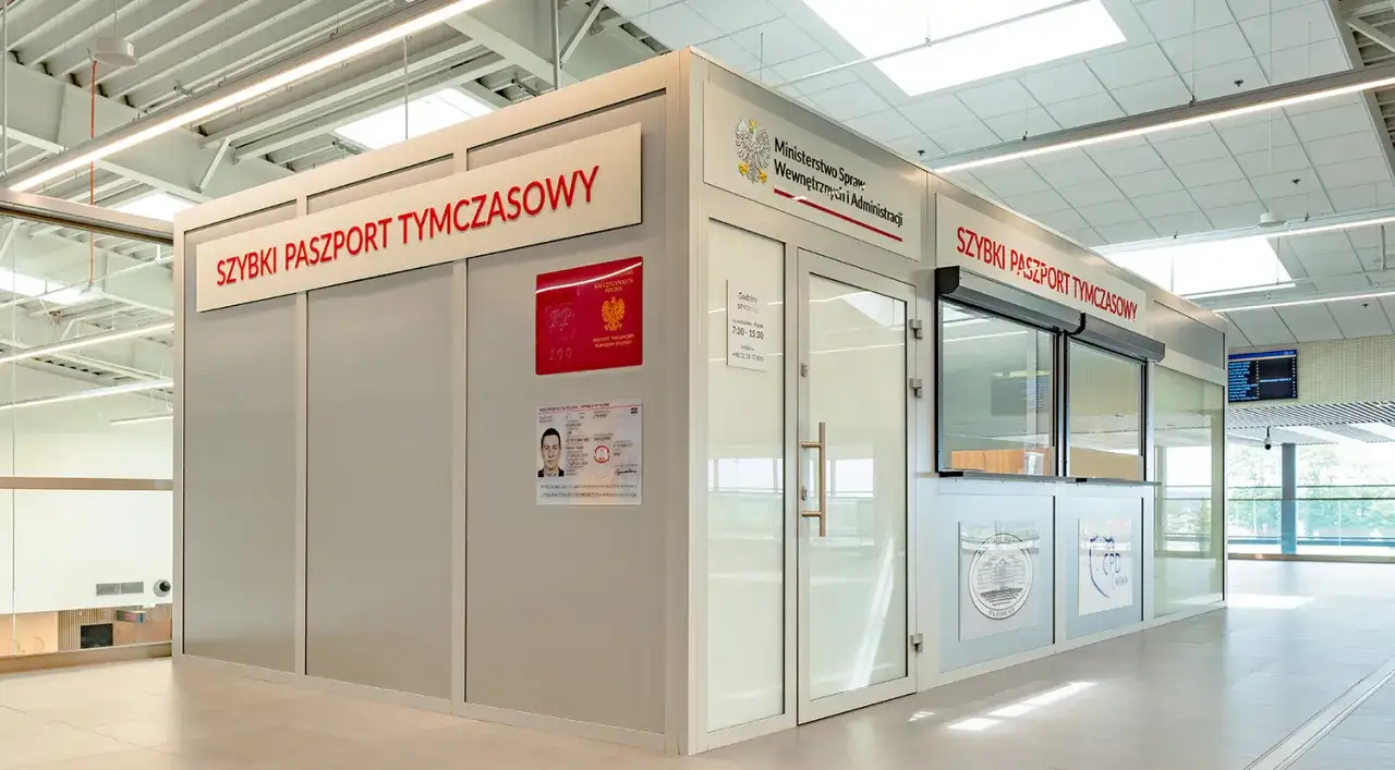 Szybki paszport tymczasowy - punkt obsługi Ministerstwa Spraw Wewnętrznych i Administracji. Widoczny wzór paszportu i dokument tożsamości.