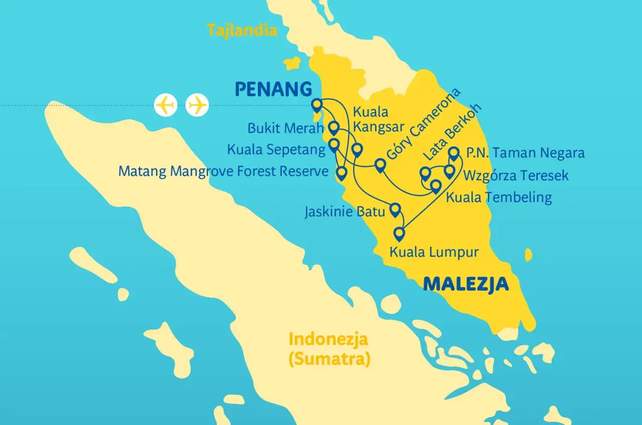 Mapa Malezji z zaznaczonymi atrakcjami: Penang, Kuala Lumpur, Góry Cameron. Idealna na malezja wakacje!