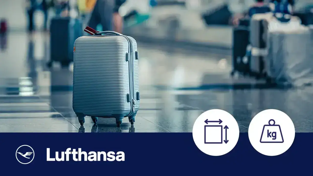 Srebrna walizka, idealna jako lufthansa bagaż podręczny, stoi na lotniskowym pasie. Obok ikony wymiarów i wagi.