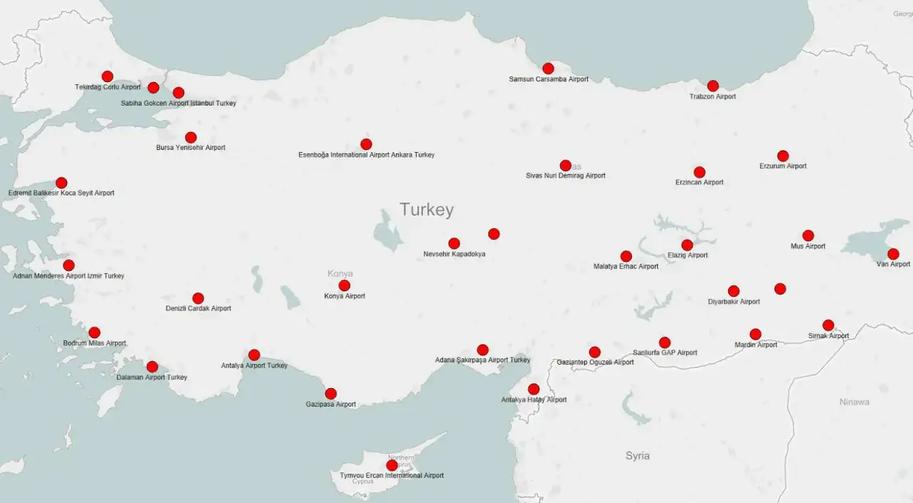 Mapa lotnisk w Turcji. Zastanawiasz się, ile się leci do Turcji? Zobacz, gdzie znajdują się główne porty lotnicze.