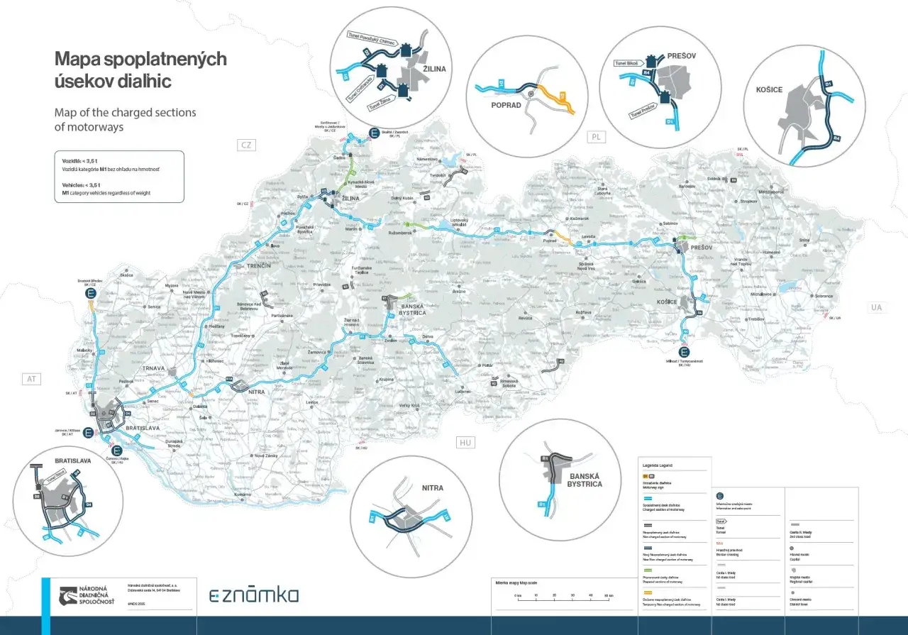 Mapa spoplatnených úsekov diaľnic na Slovensku. Viniety na diaľnice sú nutné pre vozidlá do 3,5 t a kategórie M1.