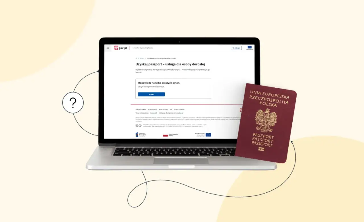 Wniosek o paszport online na gov.pl. Obok laptopa leży czerwony paszport.