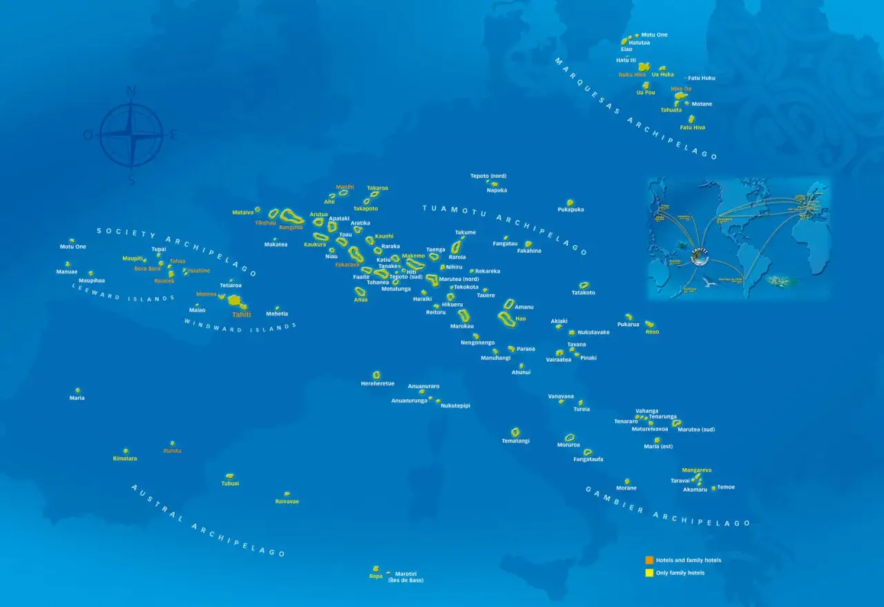 Polinezja Francuska wakacje: mapa archipelagów Tuamotu, Markizów, Towarzystwa i Austral. Idealne miejsce na wymarzone wakacje.