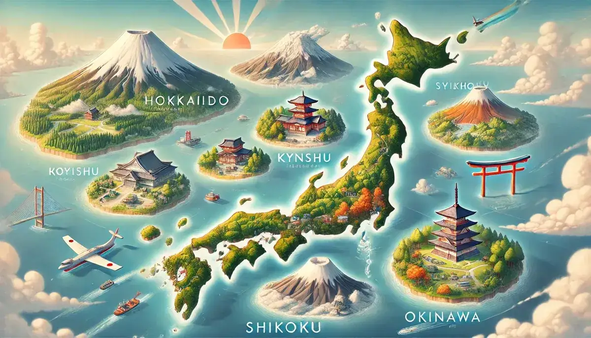Wyspy Japonii: malownicza mapa z górami, świątyniami i mostami. Od Hokkaido po Okinawę, odkryj piękno Kraju Kwitnącej Wiśni.