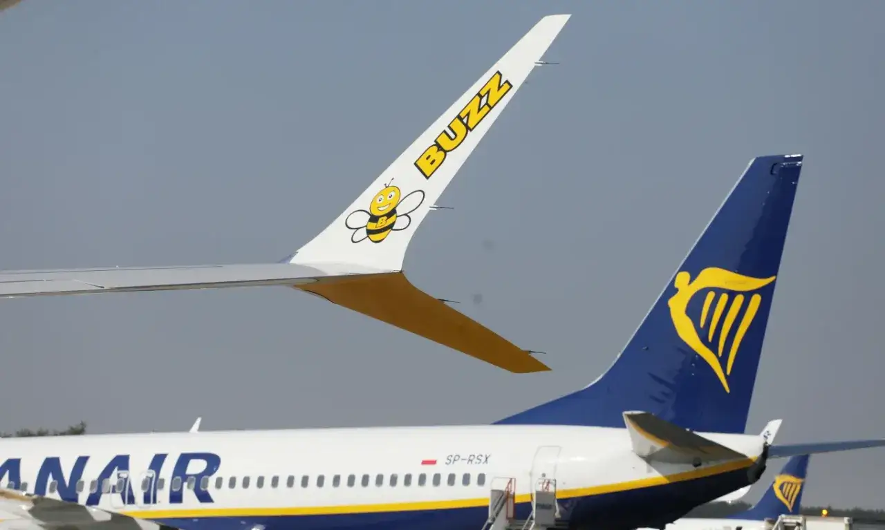 Samolot Buzz z pszczółką i samolot Ryanair pod słonecznym niebem.