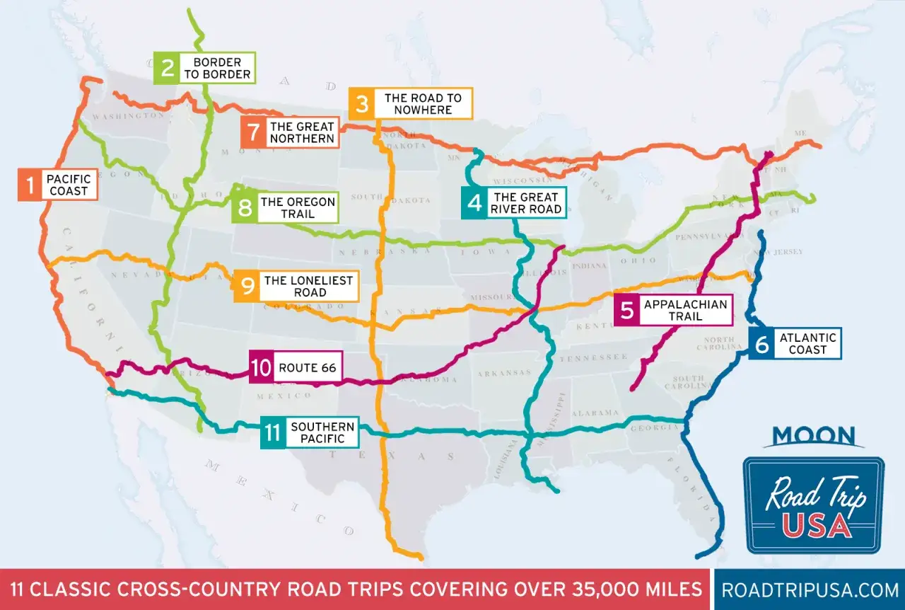 Mapa USA z 11 trasami wycieczek, w tym Route 66 i Pacific Coast. Idealna do planowania wycieczki do USA!