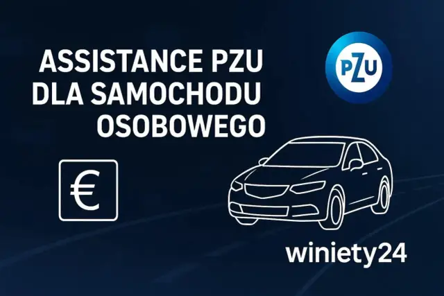 Assistance PZU dla samochodu osobowego. Symbol euro i auto. Winiety24.