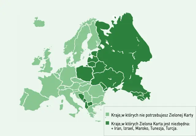 Mapa Europy i części Azji. Jasnozielone kraje nie wymagają Zielonej Karty, ciemnozielone (np. Rosja, Turcja) tak.